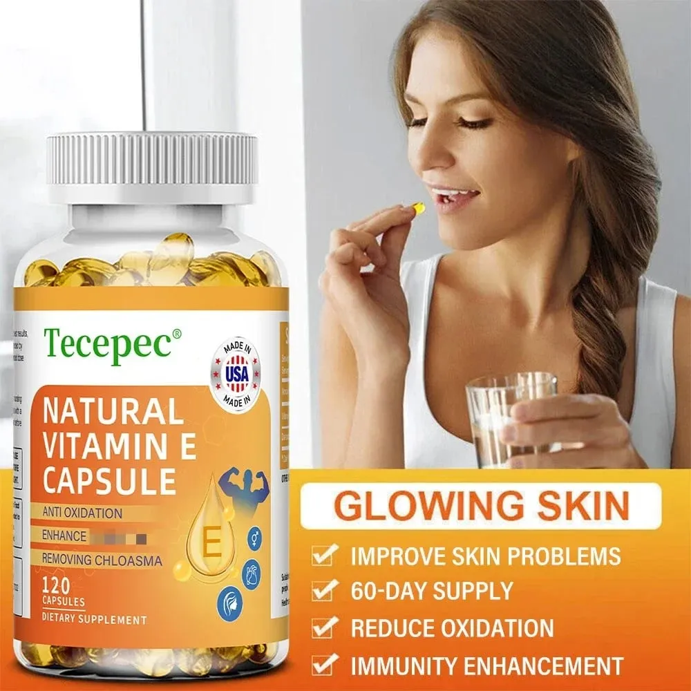 Vitamin-E-Kapseln unterstützen die Blutzirkulation, wirken antioxidativ und hellen den Hautton auf. Tägliche Vitaminergänzung für die Schönheit und Gesundheit — image 6