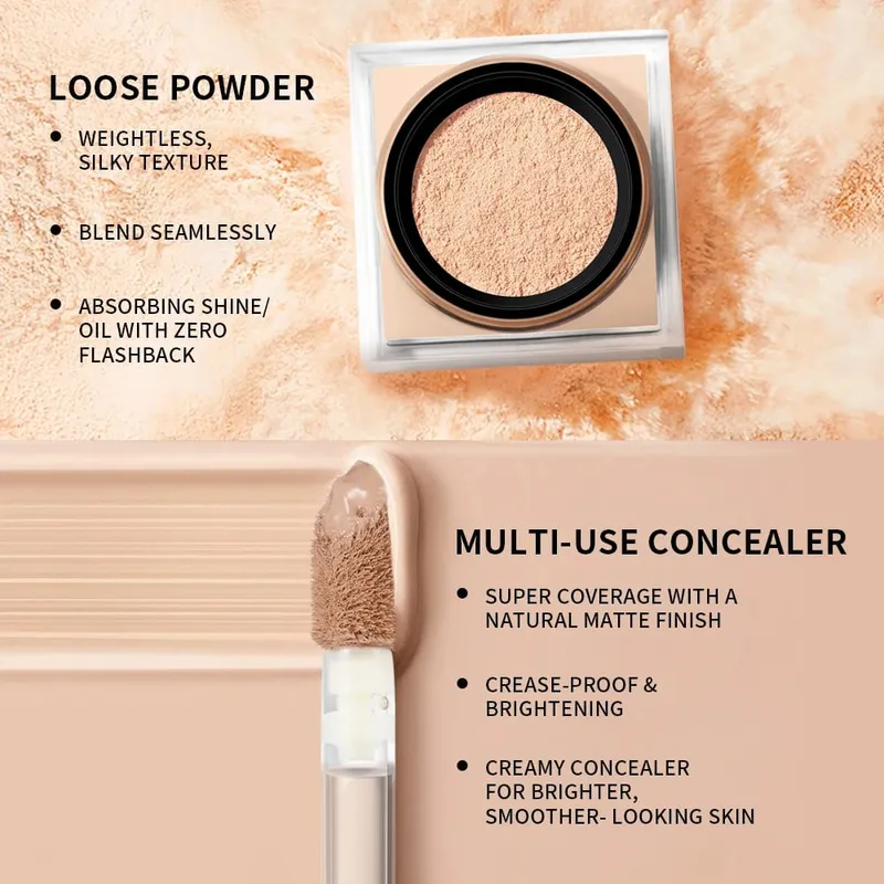 Set Solekan Wajah 2pcs Dengan Concealer dan Bedak Tetapan Longgar Wajah Asli Licin Matte Kemasan Kosmetik Wanita Makeup Korea