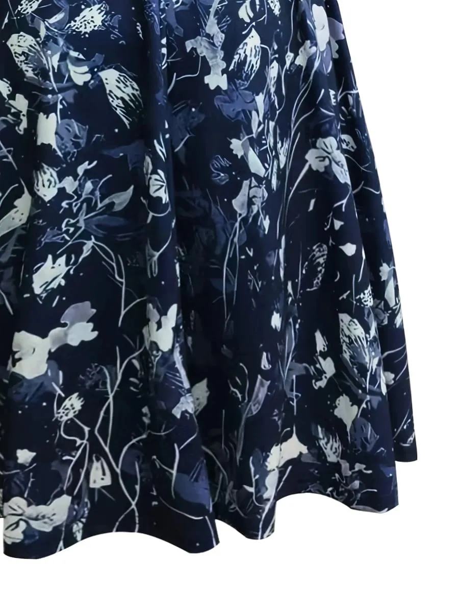 Elegantes, mit Blumenmuster bedrucktes, mittellanges Taschenkleid mit V-Ausschnitt und Polyestermischungen für den Frühling, Sommer und Herbst. Drei-Jahreszeiten-Damenkleid — image 5