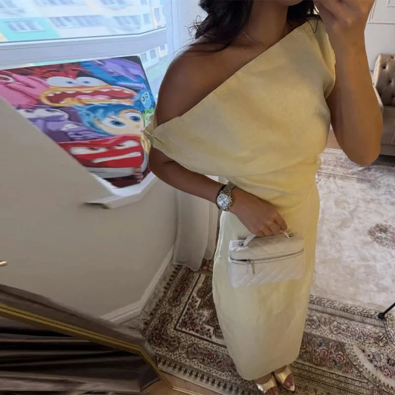 Gaun Pepejal Satu Bahu yang Elegan Gaun Pinggang-cinching Sisi Sebelah Buku lali 2026 Musim Panas Baru Wanita Kasual Jubah Selesa — image 8