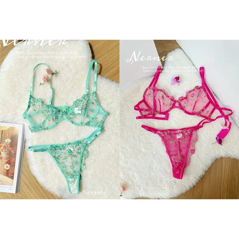 Set Bra Sulaman Renda Bunga Lutsinar Seluar Dalam Minimizer Nipis Musim Panas Lembut Bernafas Payudara Penuh Wanita Di Rumah Pakaian Harian S-XL — image 15