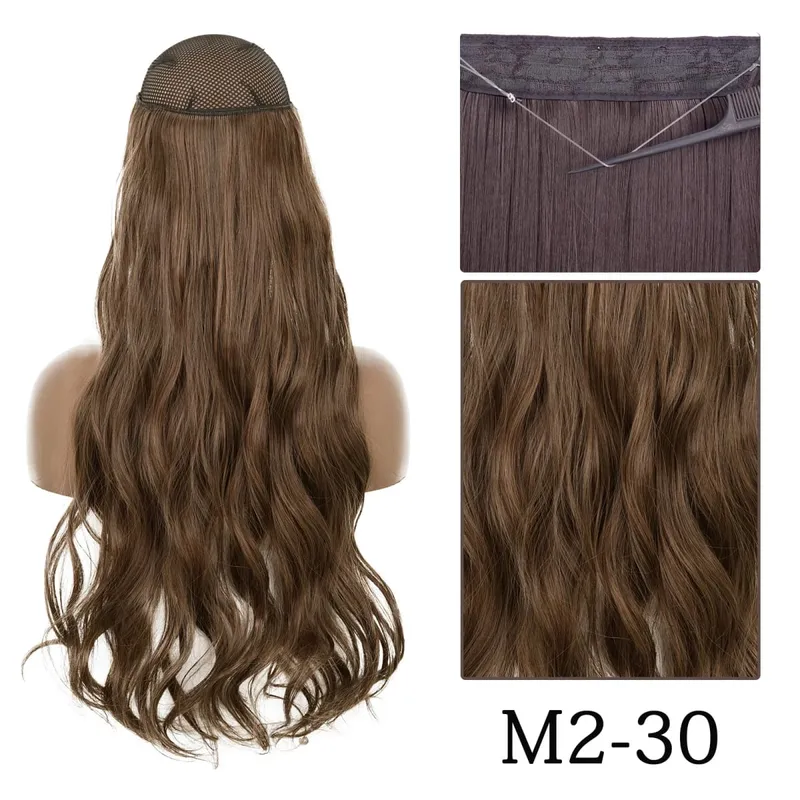 Estensioni dei capelli sintetiche senza clip regolabili con linea di pesce, parrucchino naturale biondo marrone ondulato lungo resistente al calore per le donne — image 28
