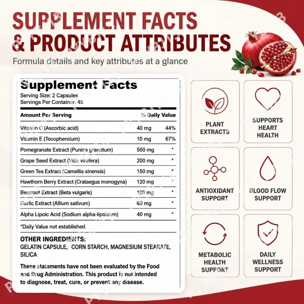 Pomegranate Extract Capsules with Grape Seed Green Tea Hawthorn Beetroot Vitamins C & E Daily Antioxidant Support 90 Count