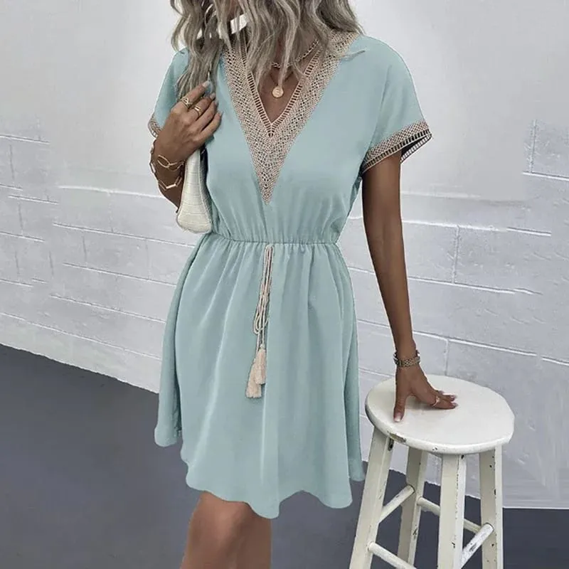 Summer Solid Short Sleeve Lace V Neck Waistband Female Beach Midi Short Dress Elegant Women's Sweet White Solid Color Dresses — image 5