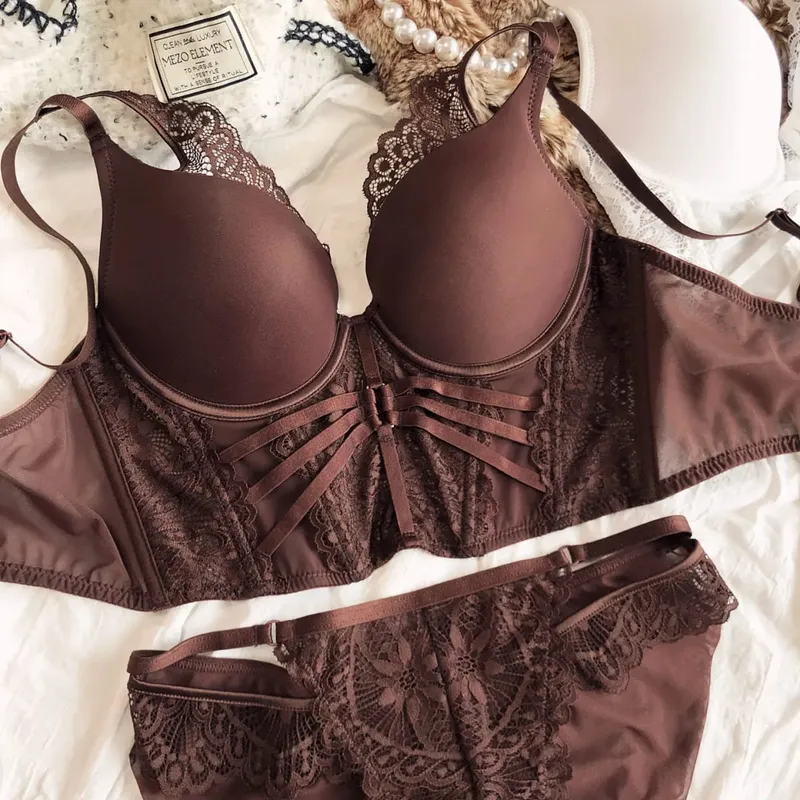 Camisole Sexy en dentelle avec ensemble de soutien-gorge étendu, sous-vêtements cintrés à la taille, soutien-gorge en arête de poisson, culotte de Lingerie pour femmes — image 2
