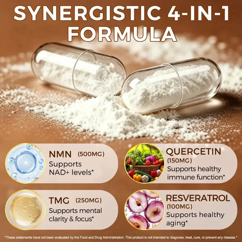 Capsule NMN 1000mg Nicotinamide Mononucleotide NAD+ Energia Cellulare TMG Quercetina Resveratrolo 120 Capsule Vegane Non OGM — image 3