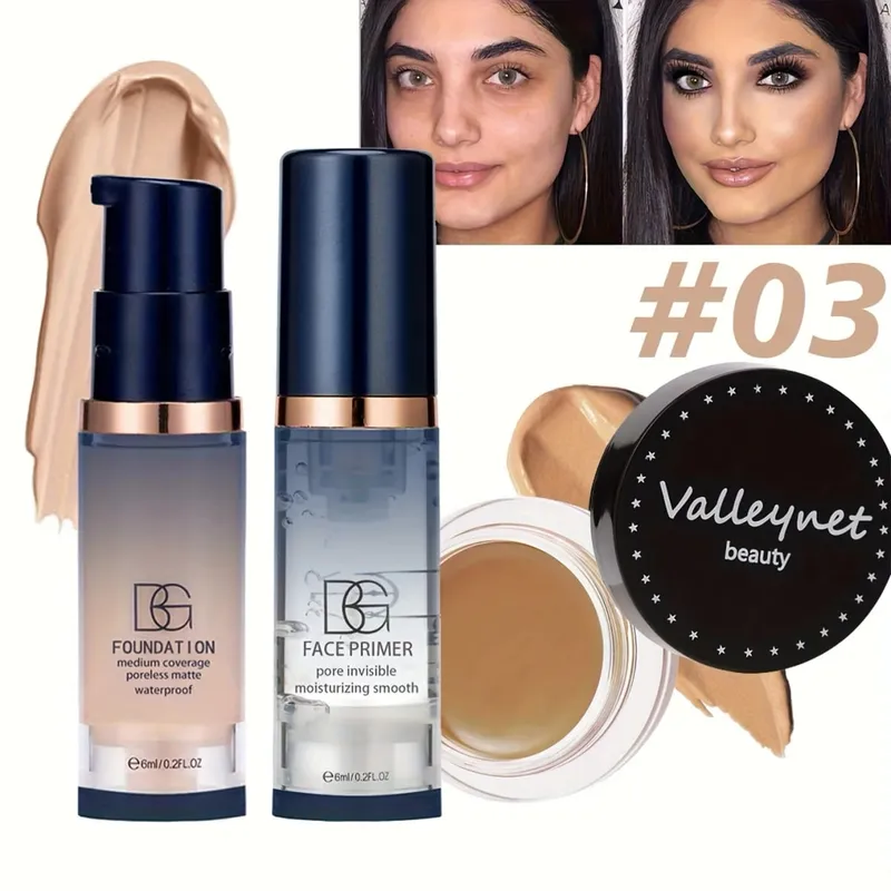 3 Stück/Set Velvet Face Set Foundation+Primer+Concealer, wasserdichter und langanhaltender Matteffekt, geeignet für Anfänger, Reiseset.