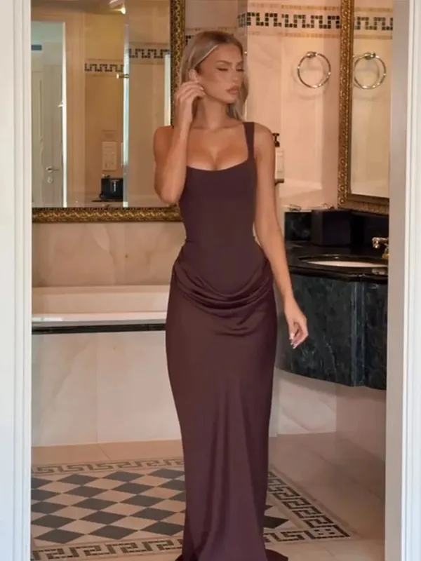 Wanita Coklat Ruched Chic Mini Dress Leher Persegi Tanpa Lengan Dilengkapi Lipit Labuh Jubah Musim Panas Pesta Jalanan Solid Wanita Vestidos 2026 — image 10