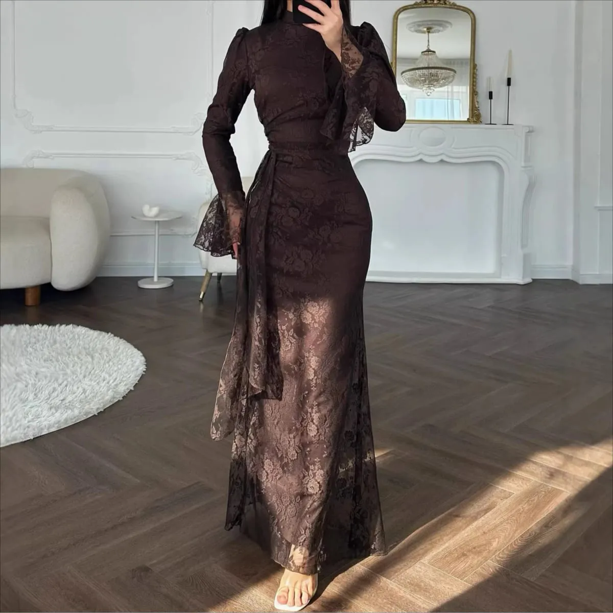 Women Lace Fitted Dresses Solid Evening Dress H Line Ankle Lenth Bell Sleeve Waist Cinch Slim Fit Party Sexy Elegant 2026 Summer — image 1