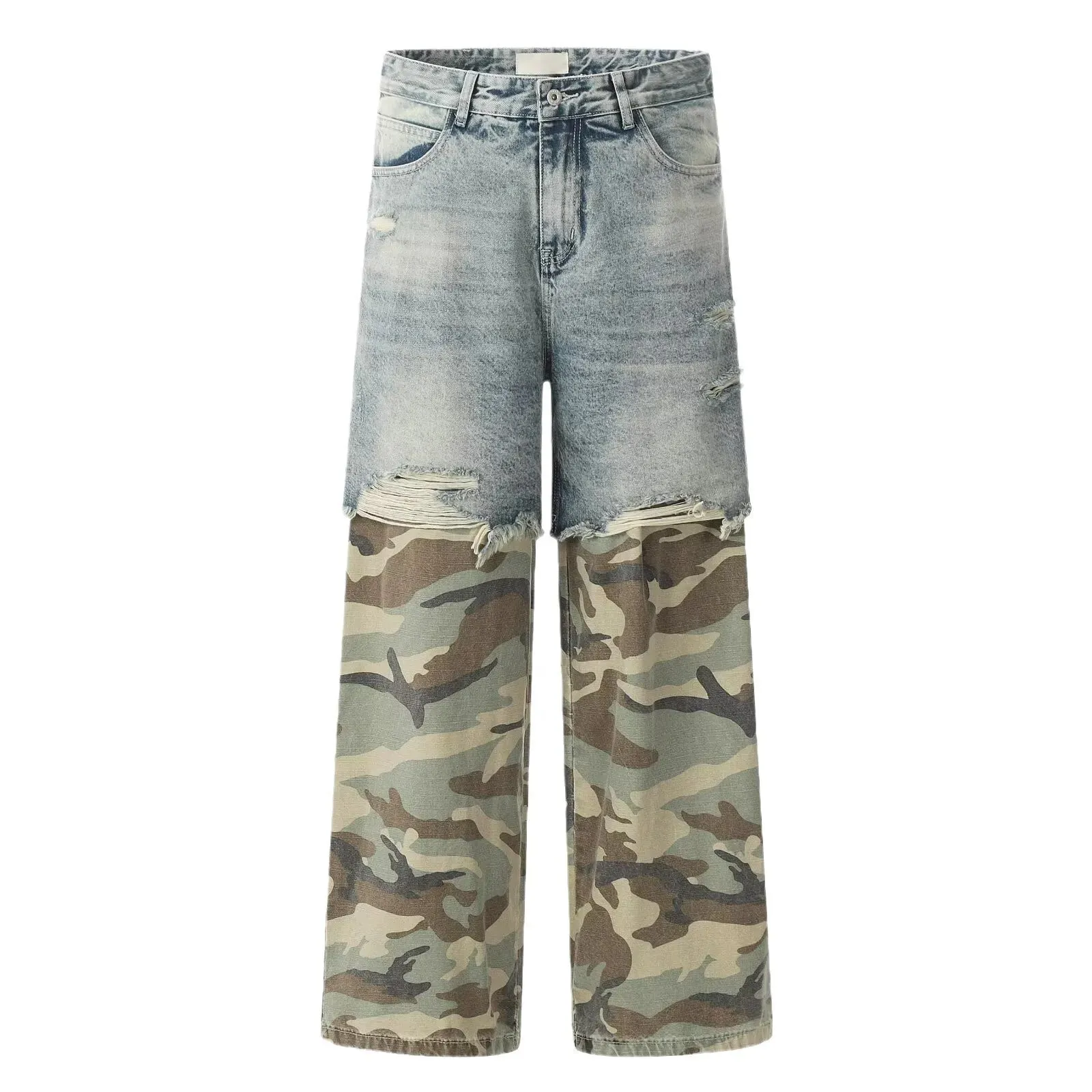 Street Patchwork Ripped Camouflage กางเกงยีนส์ Baggy ปลอม 2 ชิ้นล้างกางเกงยีนส์ Vintage Y2K Camo Cargo Straight Jean Man — image 4
