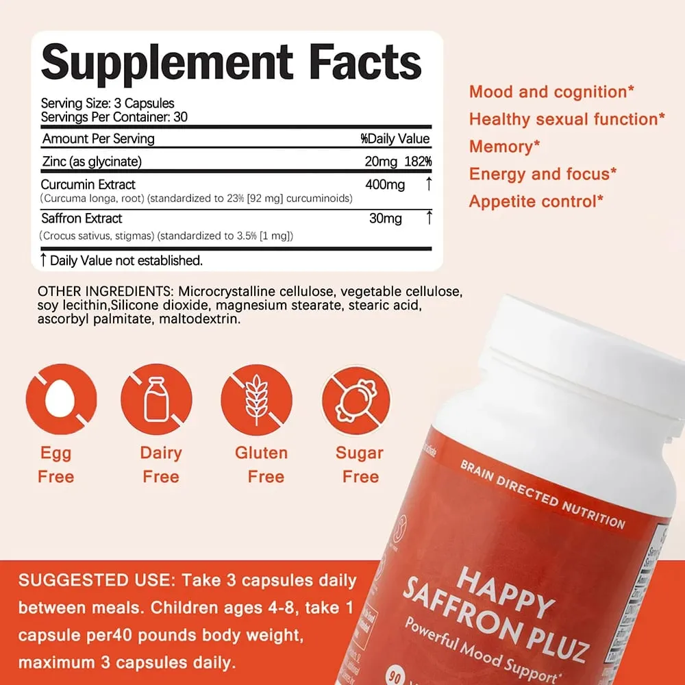 Suplemen Happy Safron Ekstrak Safron untuk Mood & Memori Kesihatan Mata - Suplemen Sendi untuk Wanita & Lelaki - 90 Kapsul Vegan — image 7