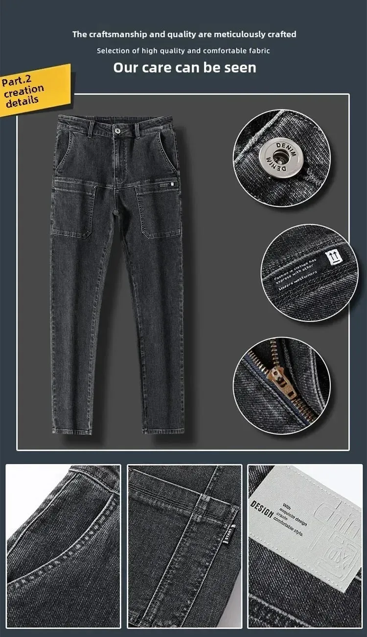 İlkbahar Yaz Ince Altı Cep erkek Kot Elastik Düz Bacak Rahat Slim Fit Kot Çok Yönlü Çok Cep Uzun Y2K Denim Pantolon — image 7