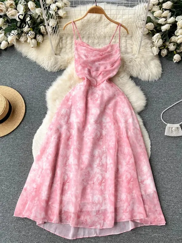Women Floral Spaghetti Strap Dress Elastic Ruched Sexy Hollow Backless Party Dress Summer Boho Vacation Beach Sundress — image 7