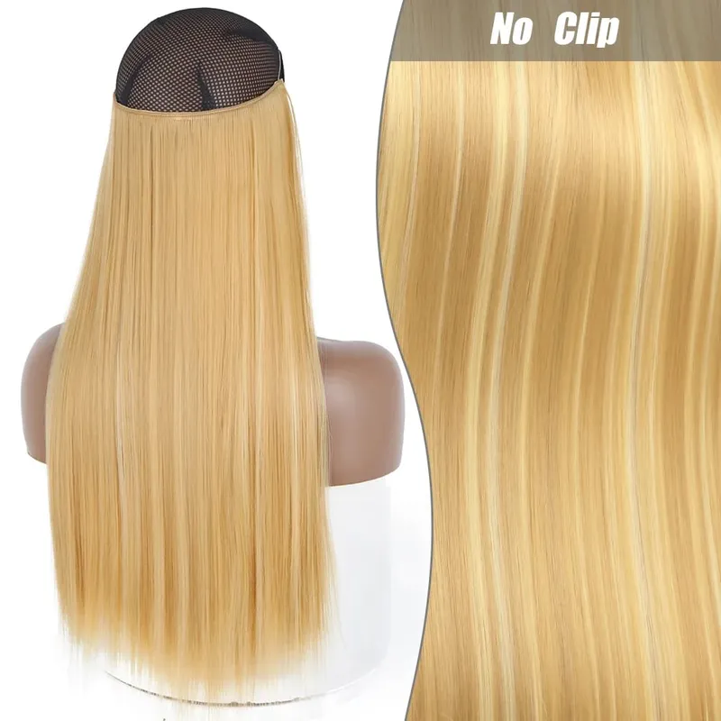 Synthetic Long Wavy No Clips Invisible Wire Hair Extensions Black Brown Blonde Fish Line False Hairpiece Piece — image 20