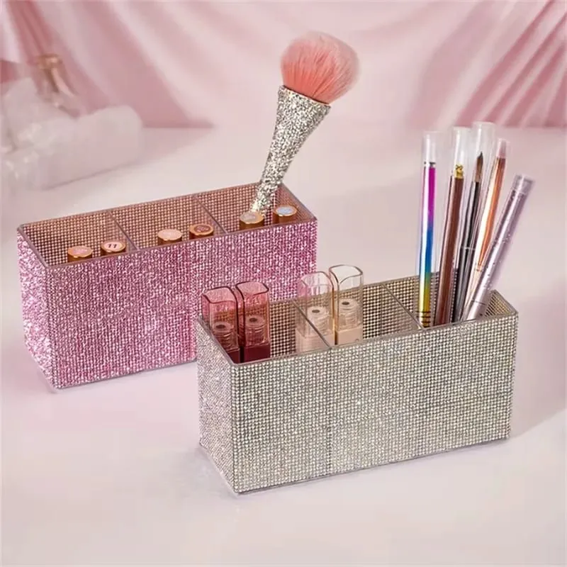 Pengatur Kuas Rias Berlian Imitasi Berkilau dengan 3 Kompartemen Kuas Rias Kapasitas Besar Kotak Penyimpanan Alat Kosmetik Lipstik — image 4