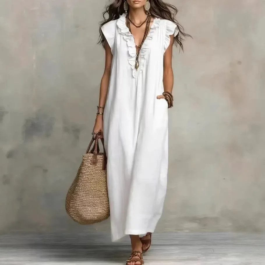 2026 Estate Donna Boho Cotone Lino Maxi Abito Tinta unita Ruffle Scollo a V Senza maniche Abiti lunghi larghi con tasche Casual Beach — image 3