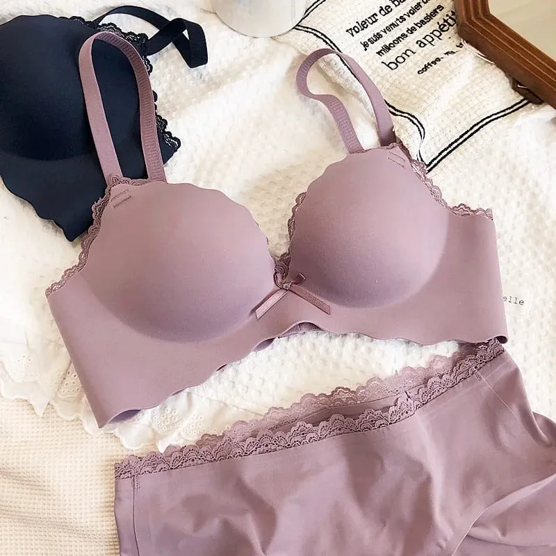 Wire Free Push Up Thicken Underwear For Women Small Chest Gather Seamless Bra And Panty Sets Bow Pure Color Fashion Intimates — image 12