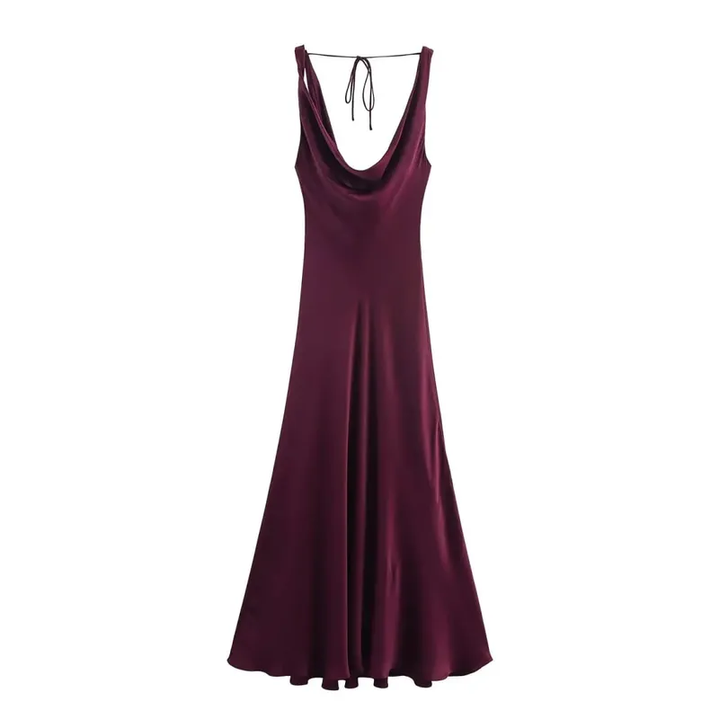 HH Abito longuette da donna in stile vacanza in raso con scollo a V senza schienale Abito estivo femminile elegante con cinturino allacciato — image 10