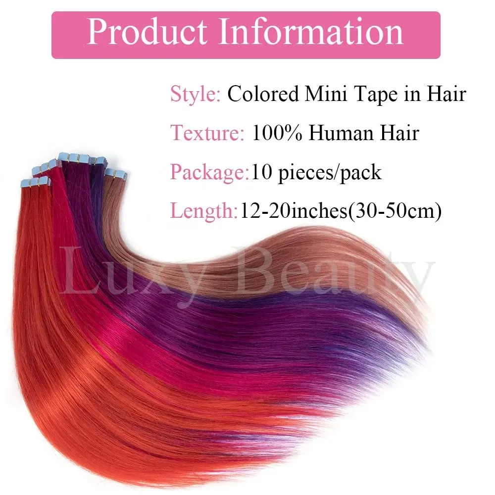 Colored Blue Mini Tape in Human Hair Extensions Invisible Seamless Tape in Hair 10pcs Pink Red Green Purple Blue Mini Tape Hair — image 4