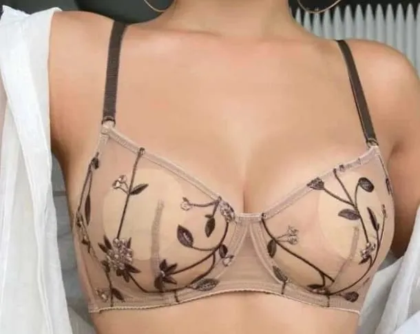 Ensemble de soutien-gorge en maille transparente populaire, broderie en dentelle transparente, à armatures, anti-affaissement, push-up, minimiseur, pour femmes à gros buste — image 13