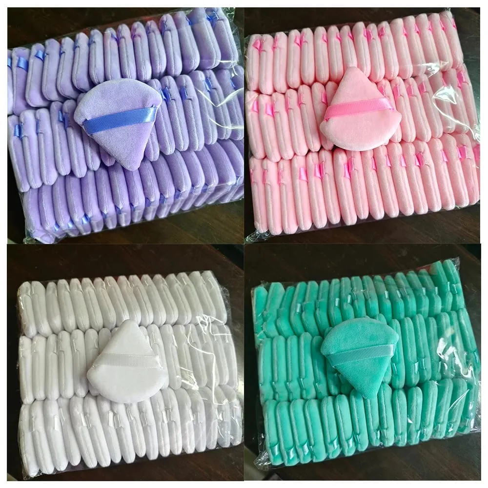 Borong 50Pcs Segitiga Serbuk Puff Mini Span Solek Muka Kosmetik Kapas Lembut Face Powder Puff Boleh Dibasuh Velvet Makeup Puff — image 1