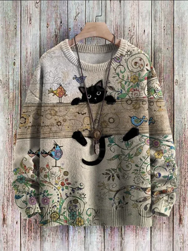 Sweter Pulover Rajut Kasual Gambar Cetak Pola Seni Burung Bunga Kucing Hitam Lucu Sweter Klasik Pulover Pria untuk Wanita — image 2