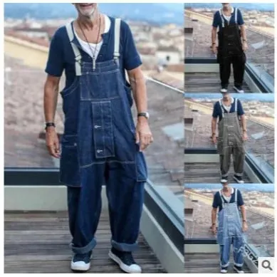 Streetwear Uomo Tinta unita Multi tasche Salopette di jeans Allentato Casual Lavato Tuta 2024 Bretelle maschili Jeans Pantaloni cargo — image 5