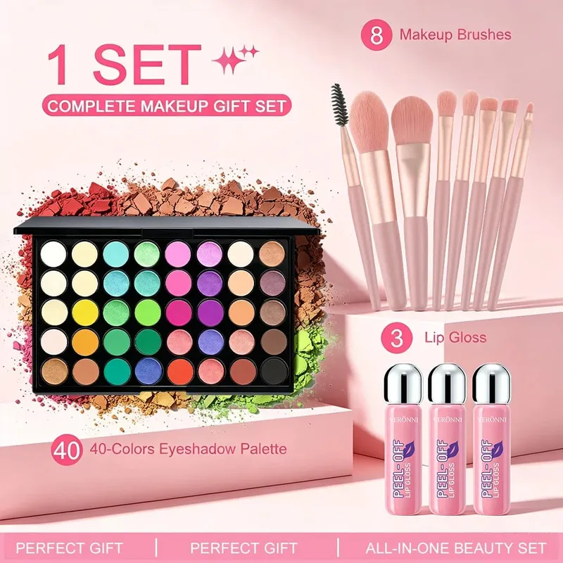 Kit per il trucco da 5 pezzi Palette di ombretti da 40 colori + 3 lucidalabbra staccabili con 8 pennelli Ombretto opaco brillante Ombretto per trucco completo Regalo