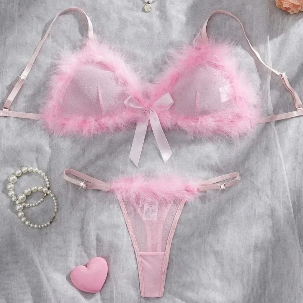 Underclothes Furry ชุดชั้นในสตรีไร้สายตาข่ายโปร่งใสชุดชั้นในชุดโรแมนติก Intimate Bow Decor Bra กางเกงชุดบ้าน — image 3