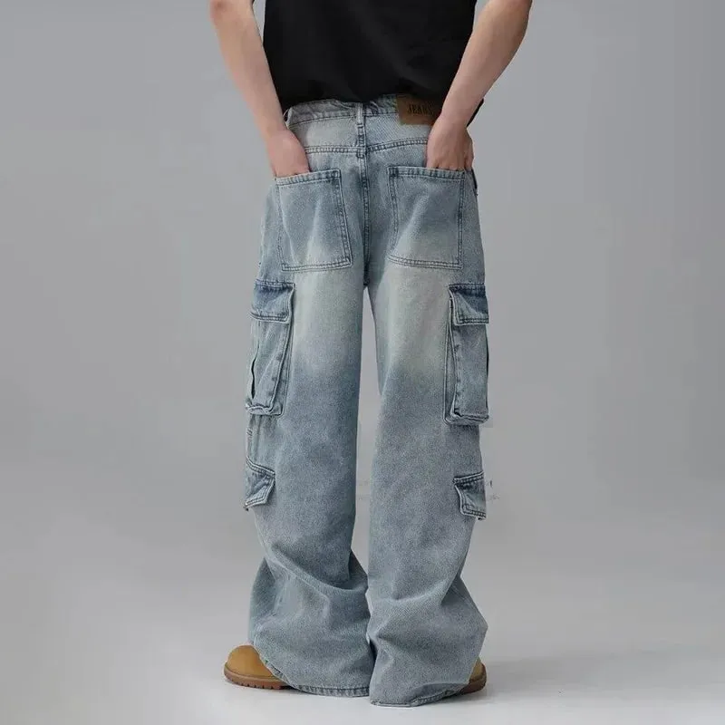Mænds forår og sommer arbejdstøj design jeans med flere lommer Retrovaskede japanske og koreanske fritidsbukser Løse bukser med brede ben — image 3