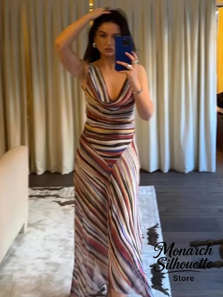 Sleeveless Striped Spaghetti Strap Dress Women Chic Irregular V-neck Sleeveless Slim Long Vestidos Lady Holiday Daily Dresses — image 2