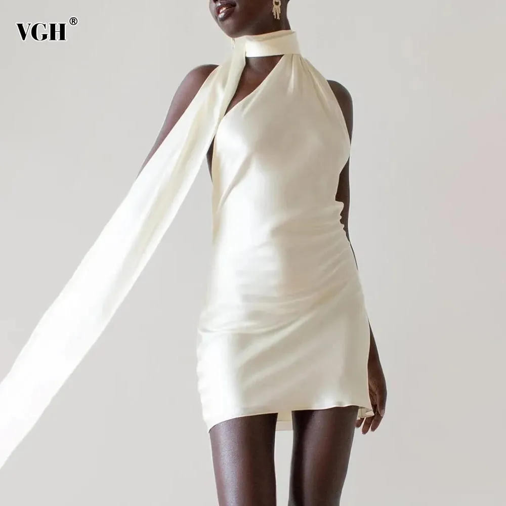 VGH Patchwork Resmi Elbiseler Kadınlar Için Halter Yaka Kapalı Omuz Kolsuz Yüksek Bel Backless Saten Mini Elbise Kadın Tarzı — image 2
