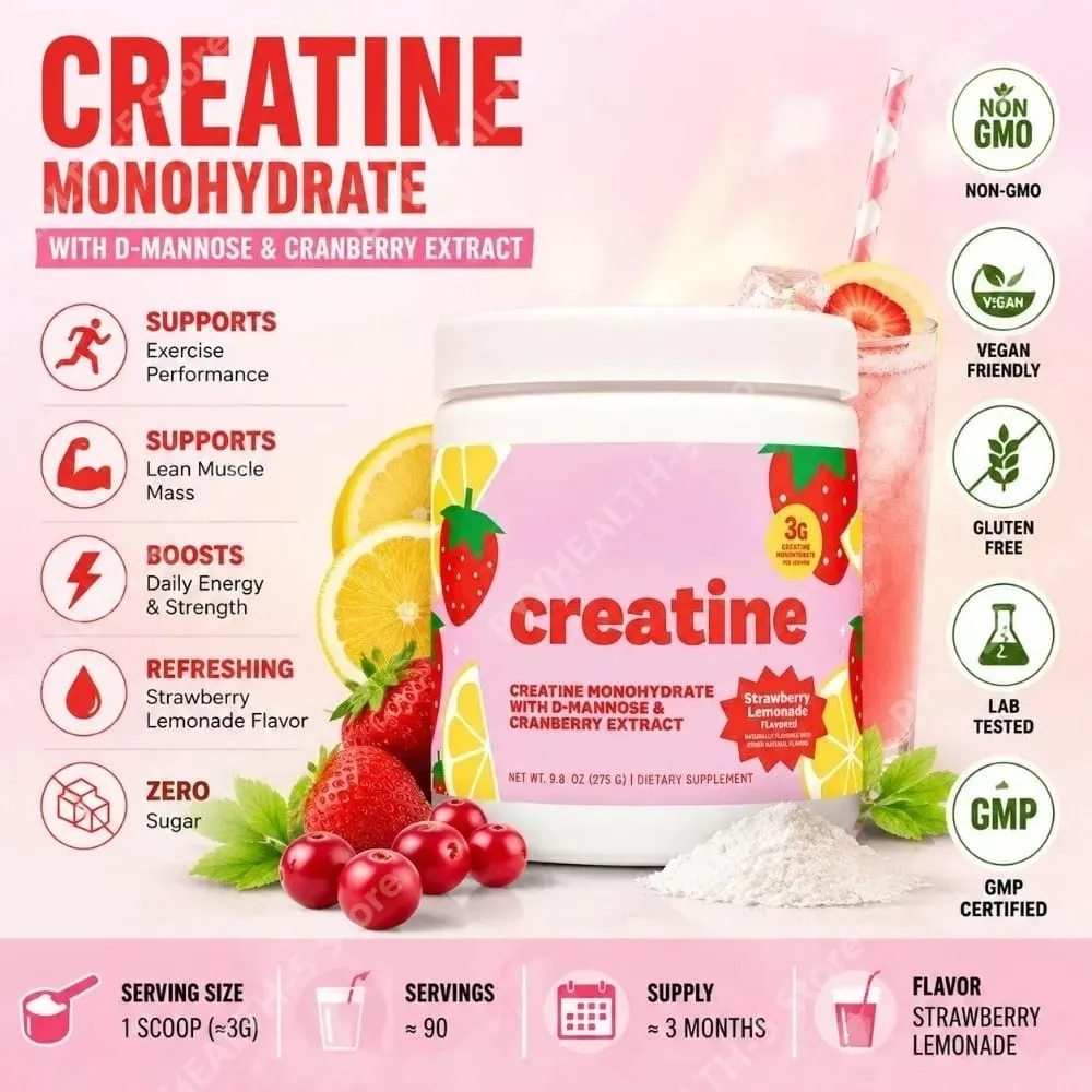 Doplněk kreatin monohydrátu v prášku 3 g porce Veganské složení Jahodová limonáda s příchutí nula cukru pro aktivní životní styl — image 2