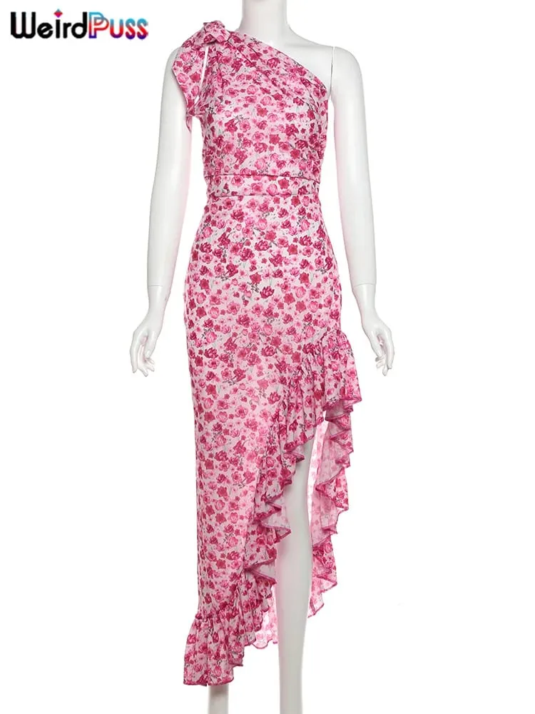 Strano gatto sottile collare diagonale vestito da donna fiori stampa fasciatura irregolare spallacci volant orlo vacanze estive abiti — image 6