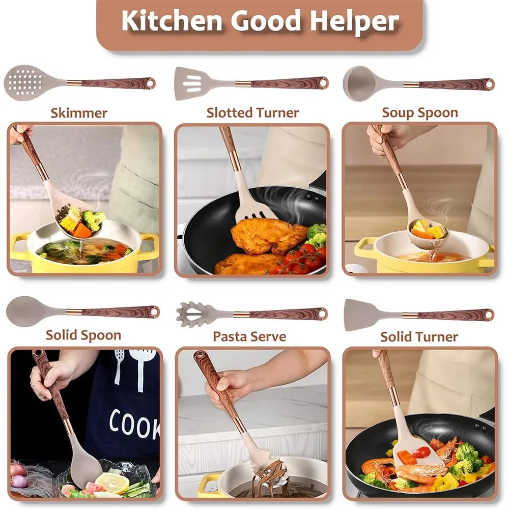 Set Perkakas Dapur Silikon 10 Keping Perkakas Memasak dengan Pemegang Perkakas Pemegang Corak Kayu Alat Memasak Nonstick JT264 — image 2