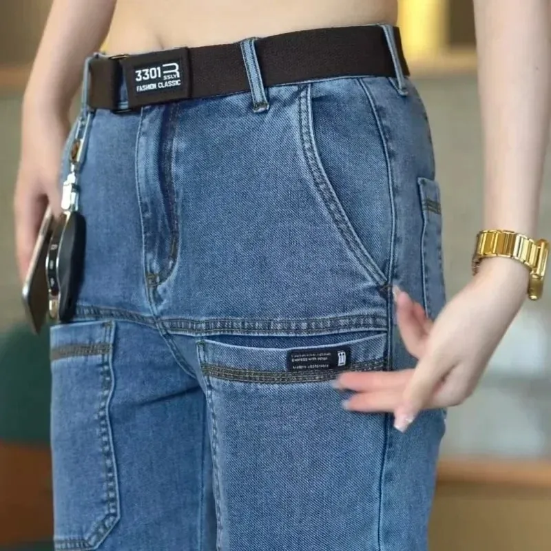 İlkbahar Yaz Ince Altı Cep erkek Kot Elastik Düz Bacak Rahat Slim Fit Kot Çok Yönlü Çok Cep Uzun Y2K Denim Pantolon — image 2