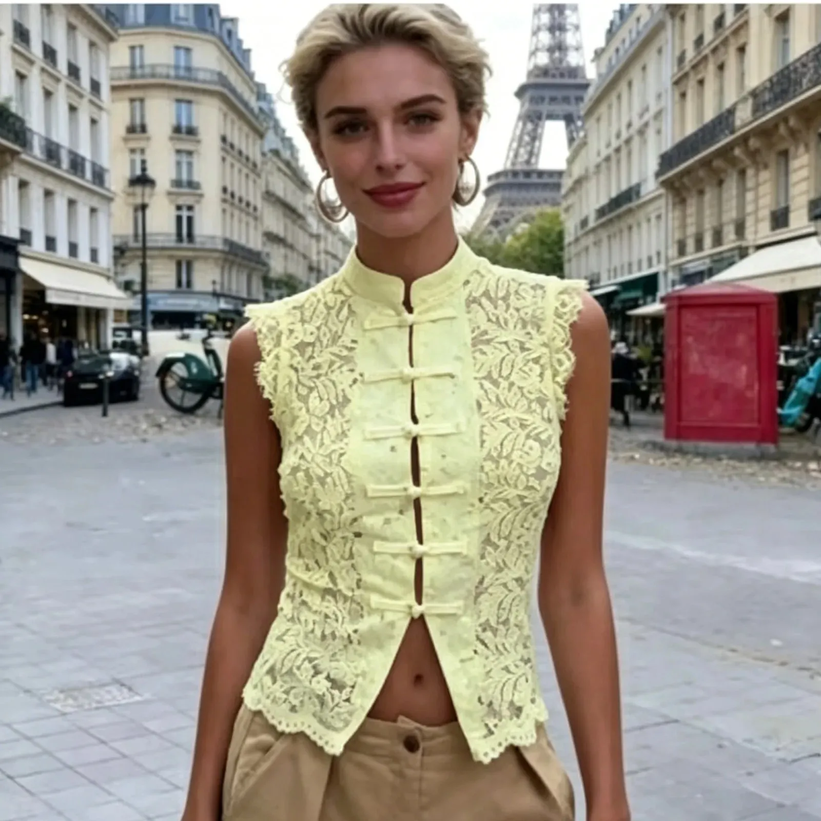 Y2K Top corto in pizzo tinta unita estetico senza maniche gilet con bottoni a forma di rana cinese streetwear per feste estive da donna — image 13