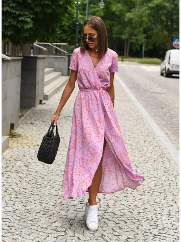 Bedrucktes Kleid 2025 Sommer V-Ausschnitt Split Fork Mittlere und lange Gruppe europäischer und amerikanischer grenzüberschreitender Damenbekleidung — image 6