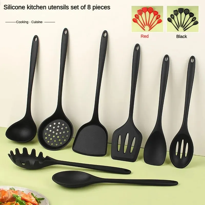 8ps ครัวเรือนเครื่องครัวซิลิโคนสีดำชุด 8 ชิ้นจีนช้อนสปาเก็ตตี้สลัดสปาเก็ตตี้สปาเก็ตตี้สปาเก็ตตี้,ช้อนข้าว, — image 1