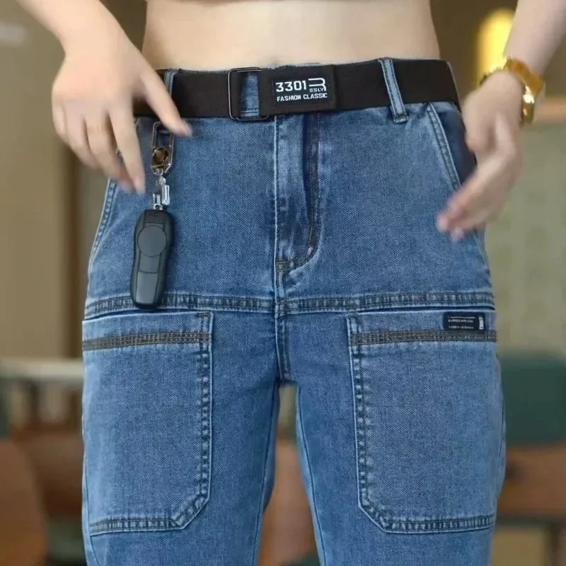 İlkbahar Yaz Ince Altı Cep erkek Kot Elastik Düz Bacak Rahat Slim Fit Kot Çok Yönlü Çok Cep Uzun Y2K Denim Pantolon — image 1