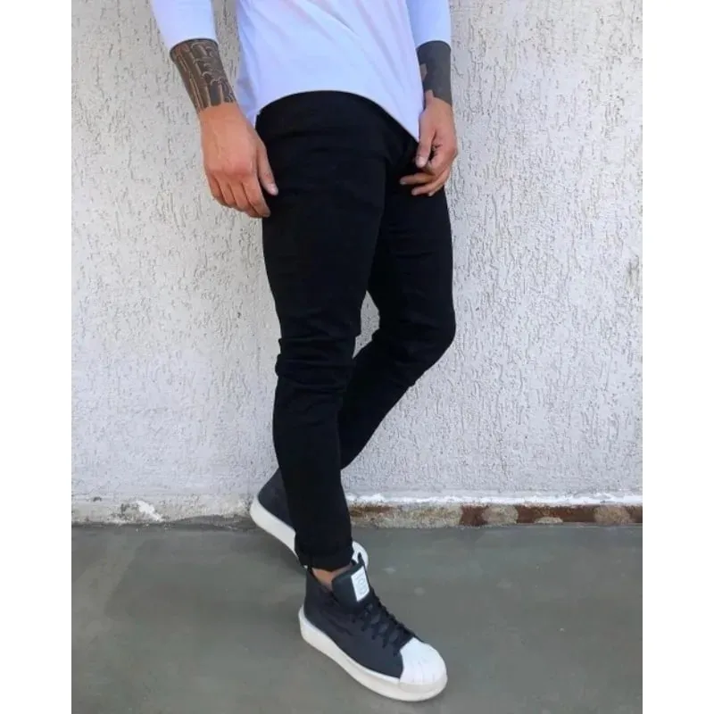 Musim Bunga Musim Gugur Baru Seluar Jeans Lelaki Regangan Hitam Ramping Kaki Kecil Kasual Warna Pepejal Mudah Lelaki Seluar Denim Kurus Pakaian Jalanan — image 2