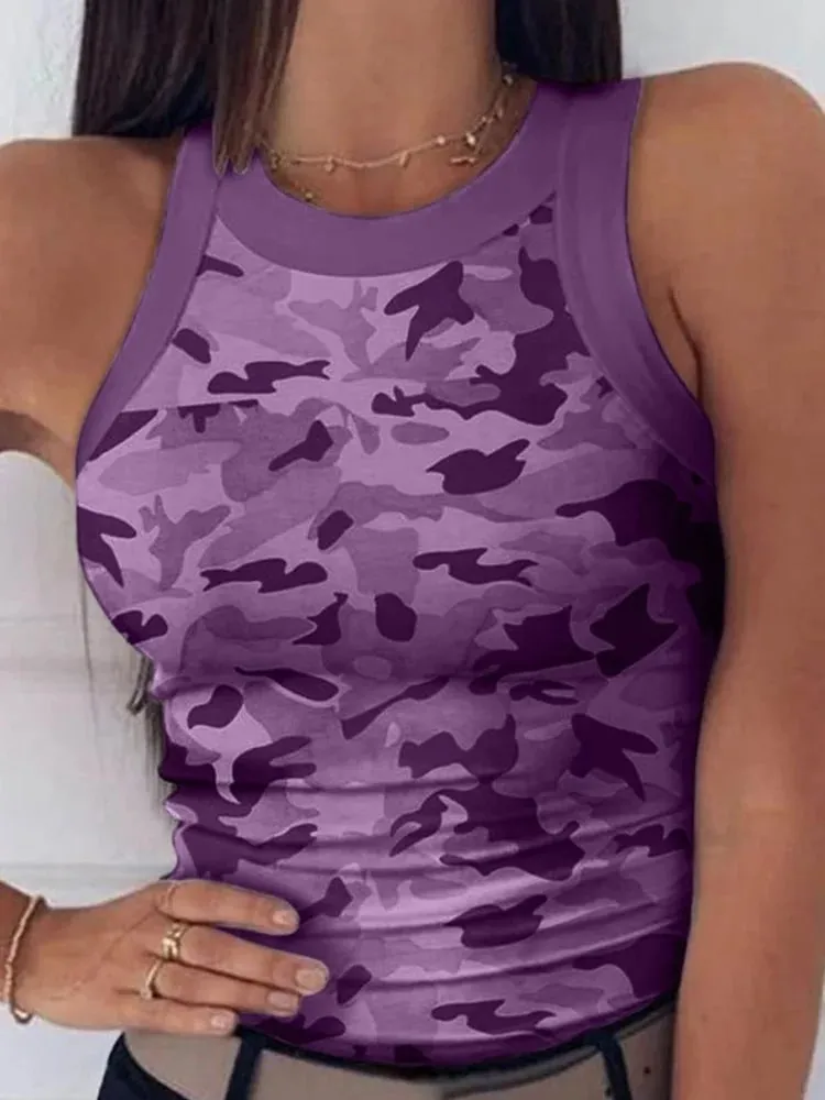 Damski Casual Camo wokół szyi prążkowany podkoszulek lato podstawowe elastyczna koszulka na ramiączkach seksowna bez rękawów kamizelka z wycięciem pod szyją odzież damska — image 4