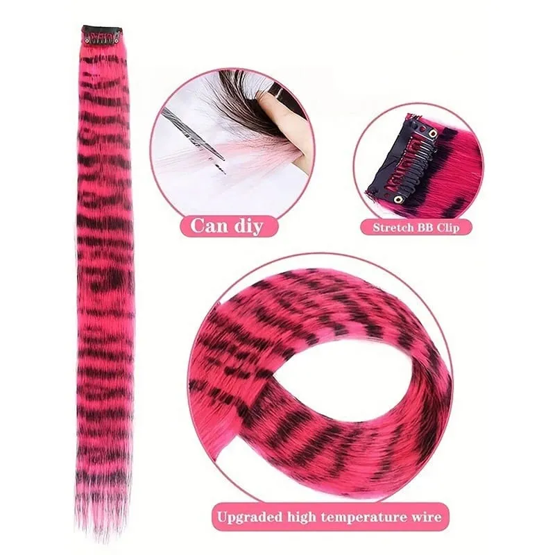 3 pezzi estensioni dei capelli con stampa leopardata striscia sintetica pezzo di capelli stampato clip lunga e dritta colorata nei capelli per le donne ragazze festa — image 4