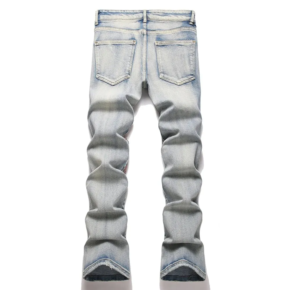 Jeans da uomo con toppa ad ala, taglio a stivale, rivetti, pantaloni svasati slim in cristallo, ricami, pantaloni in denim blu vintage — image 2