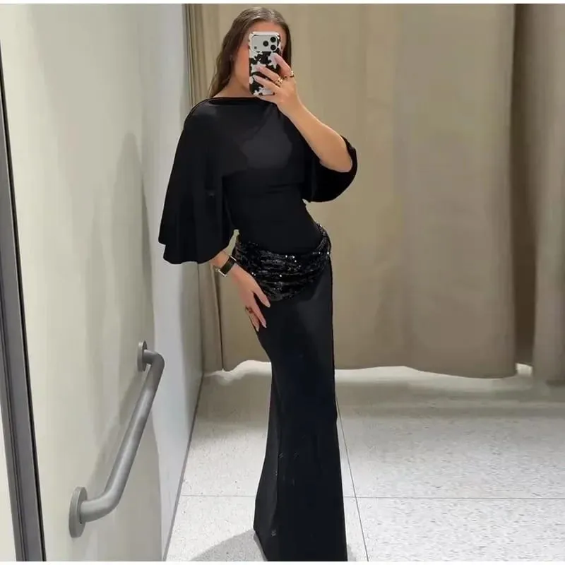 Gaun Maxi Payet Tanpa Belakang Tanpa Belakang Wanita Lengan Lebar Elegan Gaun Panjang Fesyen Baru Jubah Harian Pesta Petang — image 4