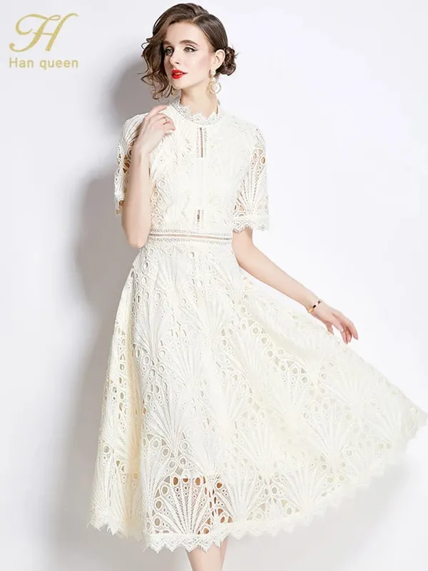 H Han Queen printemps nouveau élégant décontracté travail robes de soirée Floral Crochet évider dentelle Patchwork décontracté bureau robe mi-longue