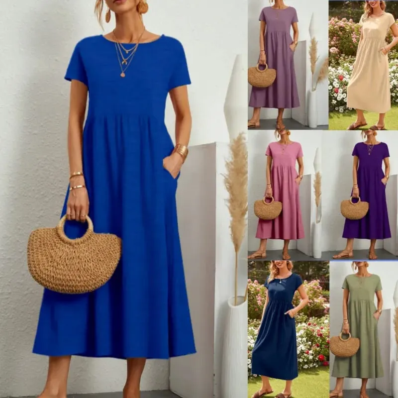 Gaun Linen Kapas Pepejal Premium yang Elegan Midi Musim Panas dengan Poket Longgar Leher Krew Kasual Lengan Pendek untuk Perjalanan Pantai — image 3