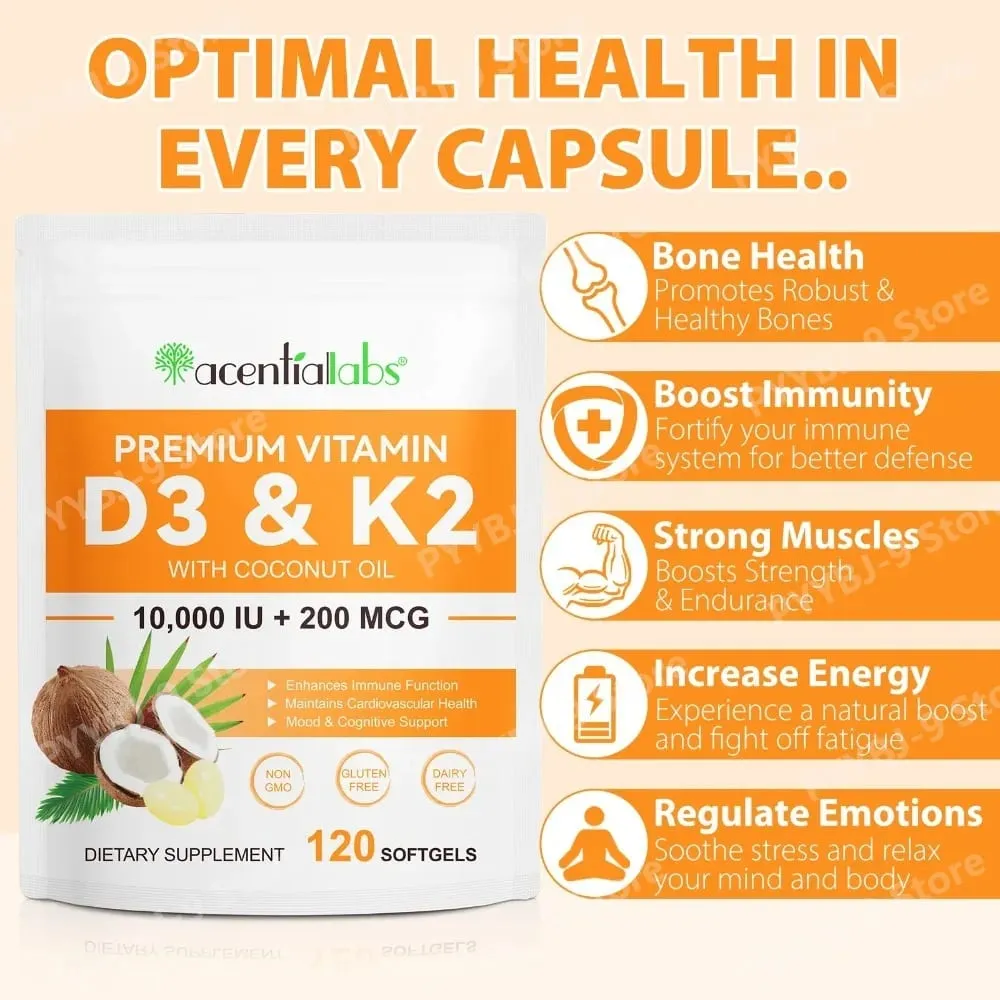 Acentiallabs Premium Vitamin D3 K2 Softgels Supplements Coconut Oil Vitamin D3 AK2 Soft Capsules for Immune Support for Adult — image 1