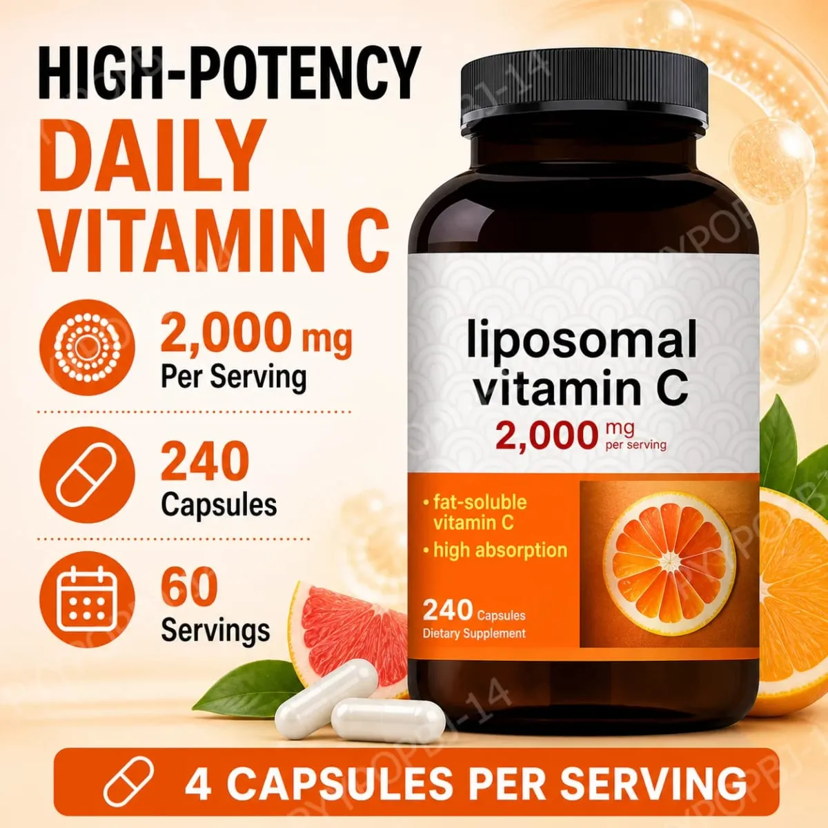 Liposomal Vitamin C 2000mg High Absorption Fat-Soluble 240 Capsules 60 Servings Non-GMO Gluten Free — image 1