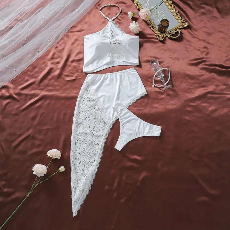 2026 Perangai Permaisuri Perancis Perca Renda Skirt Tidak Sekata Penggantung Leher Gantung Set Shapewear Seksi Set Tiga Keping